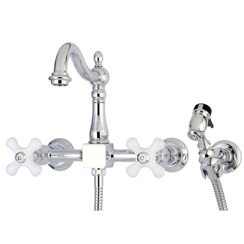 Kingston Brass Heritage Double-Handle 3-Hole Wall-Mount Bridge Kitchen Faucet with Brass Sprayer, Chrome