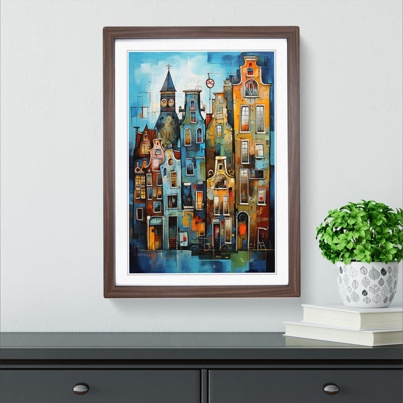 XYZ-FRM-V1223-1786 Amsterdam Abstract - Single Picture Frame Print on Wood, 64cm H x 46cm W x 2cm D, Walnut