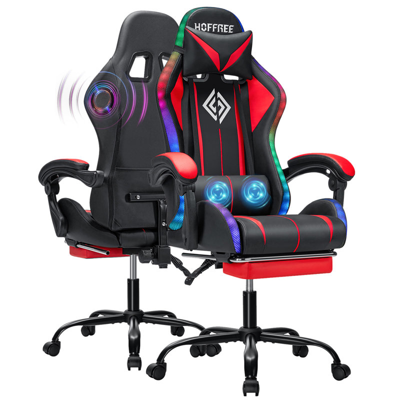 Fauteuil de jeu avec haut-parleurs Bluetooth et lumières à DEL RVB Fauteuil de jeu vidéo de massage ergonomique avec repose-pieds à haut dossier avec support lombaire