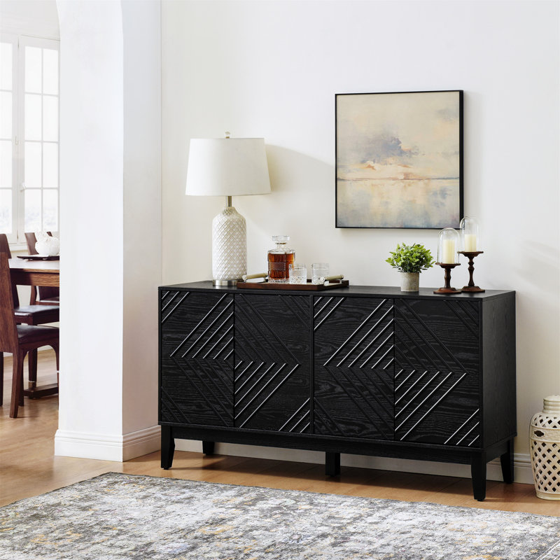 Buffet 60,5 po Mid-Century avec motif géométrique, tablettes réglables et rangement polyvalent pour le salon, la cuisine et la salle à manger, bleu
