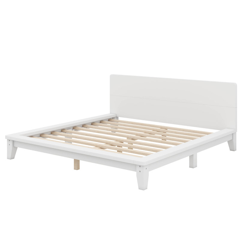 Lit plateforme, cadre de lit moderne de style Mid-Century avec tête de lit, cadre de lit uni, Lit double, Blanc