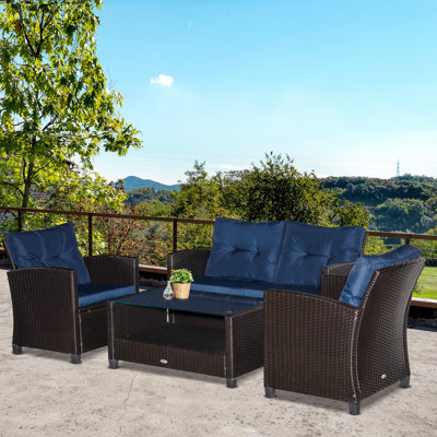 4-Piece Patio Furniture Set, Rattan Wicker Chair W/ Table, Outdoor Conversation Set With Cushion For Backyard, Porch, Or Garden, Blue