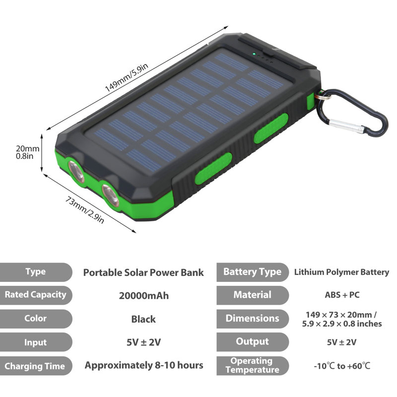  Chargeur solaire 20000mah pour téléphone portable, banque d'énergie solaire portative, double usage, vert, Vert