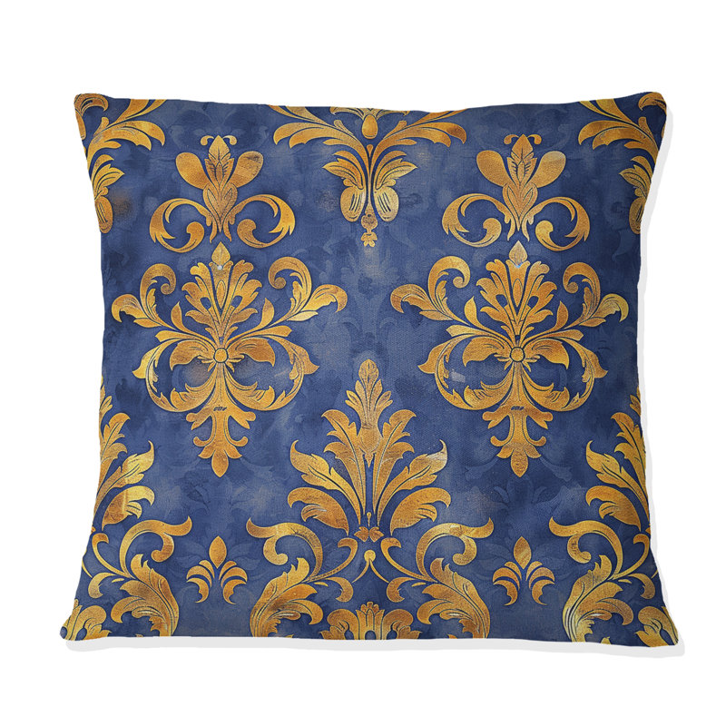 Coussin décoratif bleu et doré Royal Damaska Glamour II, H 18 po x l 18 po