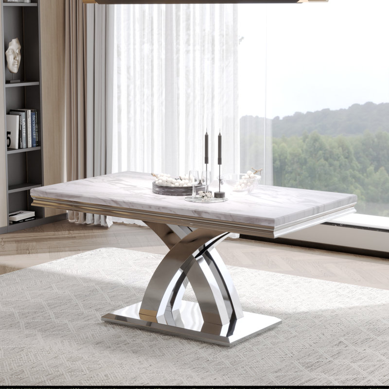 Table de salle à manger de luxe blanche avec base en X argentée