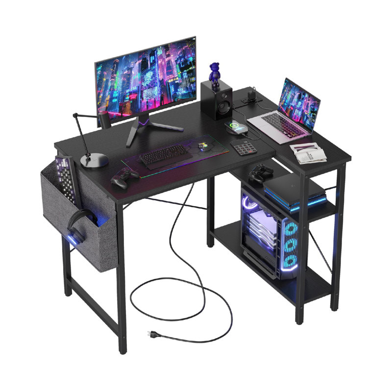 Small Computer Desk With Power Outlets, 40 Inch L Shaped Desk With Reversible Shelves, Gaming Desk Corner Desk Study Writing Table For Home Office Bedroom Living Room, Black