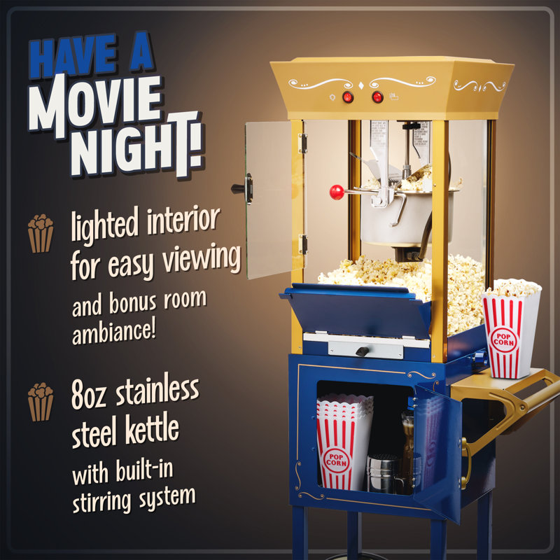 Nostalgia Vintage 8-Ounce Professional Popcorn and Concession Cart, 53 Inches Tall, Makes 32 Cups of Popcorn, Kernel Measuring Cup, Oil Measuring Spoon and Scoop, 13-Inch Wheels