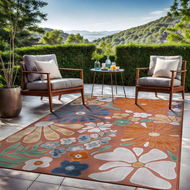 Tapis floral d'intérieur pour l'extérieur, Orange, Rectangle 9' x 12'