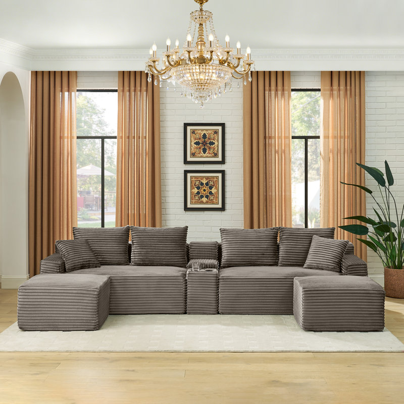 Canapé modulaire en velours côtelé avec console de rangement et USB sans assemblage, Moka