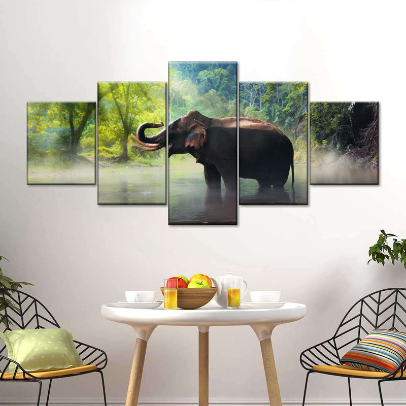 Éléphant sauvage - ensemble de 5 toiles tendues, H 24 po x l 55 po x P 1,25 po