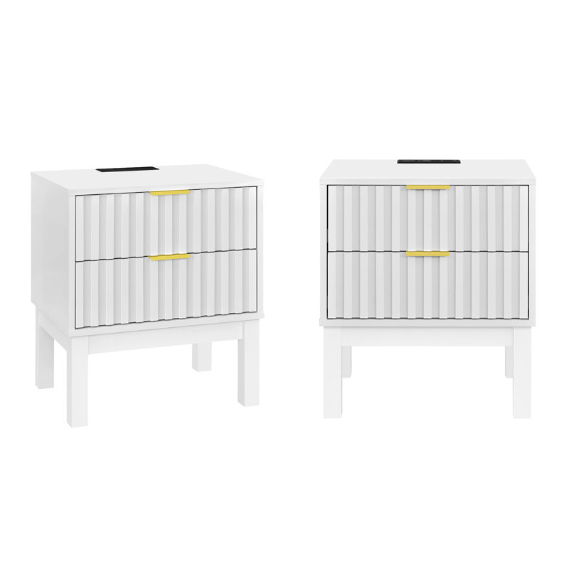 2 Drawers Nightstand With 2 Power Outlets, 1 Usb Port，modern Metal Handle (set Of 2), Set of 2, White