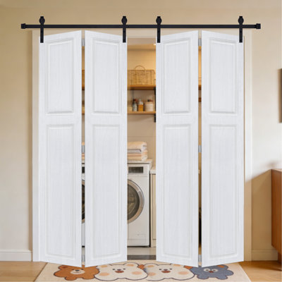 2-Panel Bi-Fold 84 In.X56  In. Mdf White Walnut Barn Sliding Door With Hardware Kit