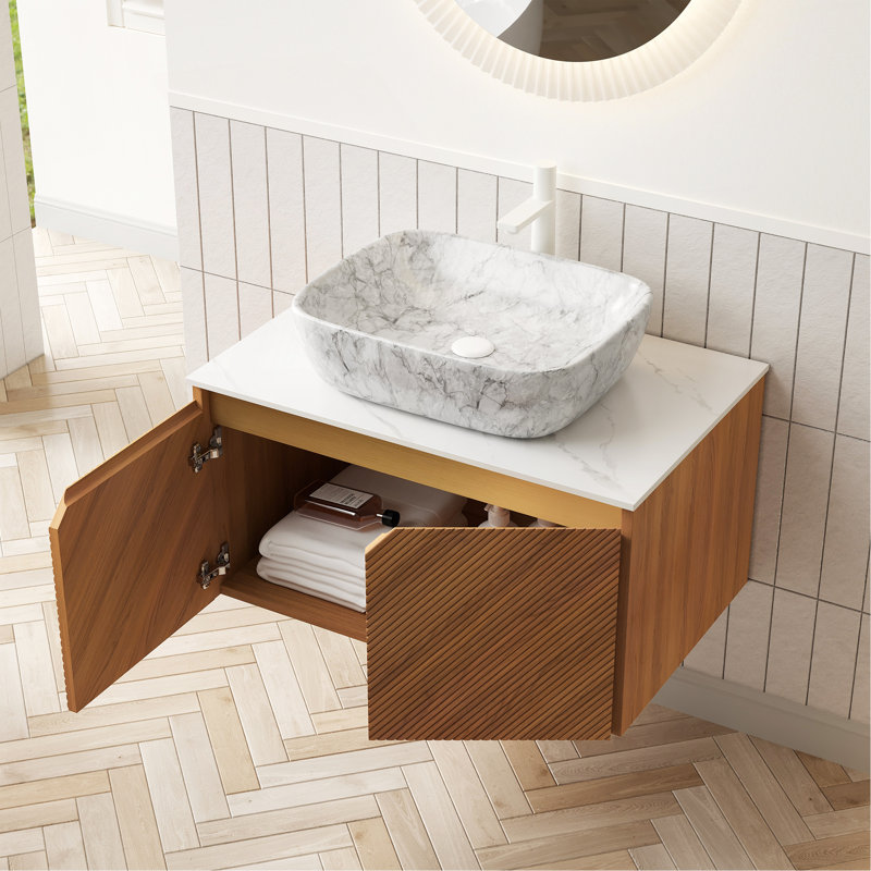 30" Bathroom Vanity&Sink, Floating Plywood Storage Cabinet, Twill Double Doors With Metal Trim, Marble Pattern Ceramic Vessel Basin&Carrara White Sintered Stone Top, Brown Oak Woodgrain Color