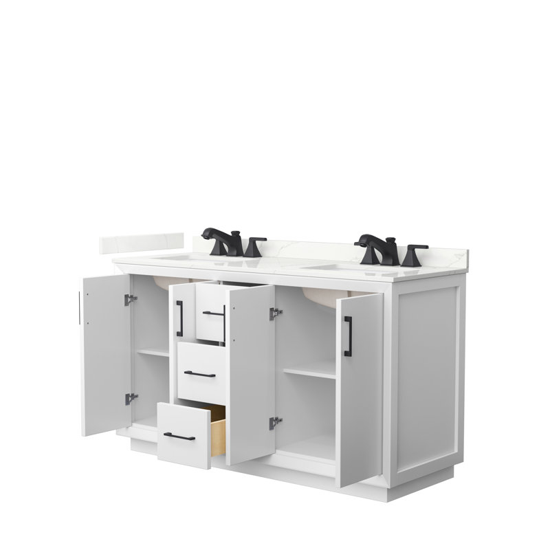 Strada 60 in. Double Vanity, Giotto Quartz, White, Matte Black