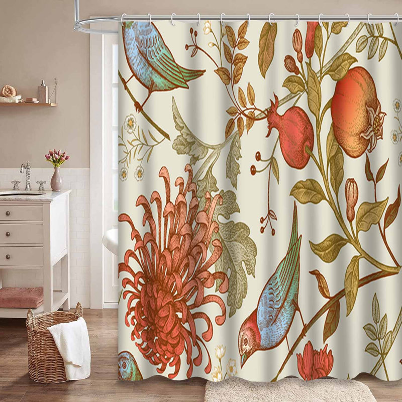 Cadeau rétro avec 12 crochets de fleurs de chrysanthème japonais rétro avec feuilles et oiseaux, L 72 po x l 84 po
