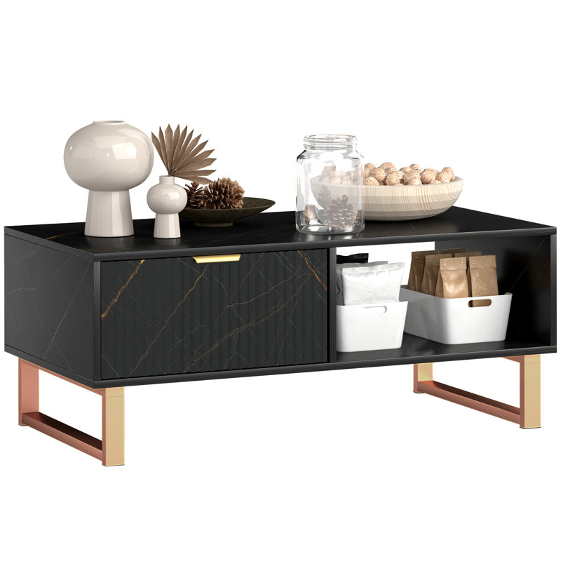 HOMCOM Marble-Effect Coffee Table with Storage, Drawer, Fluted Door, Black
