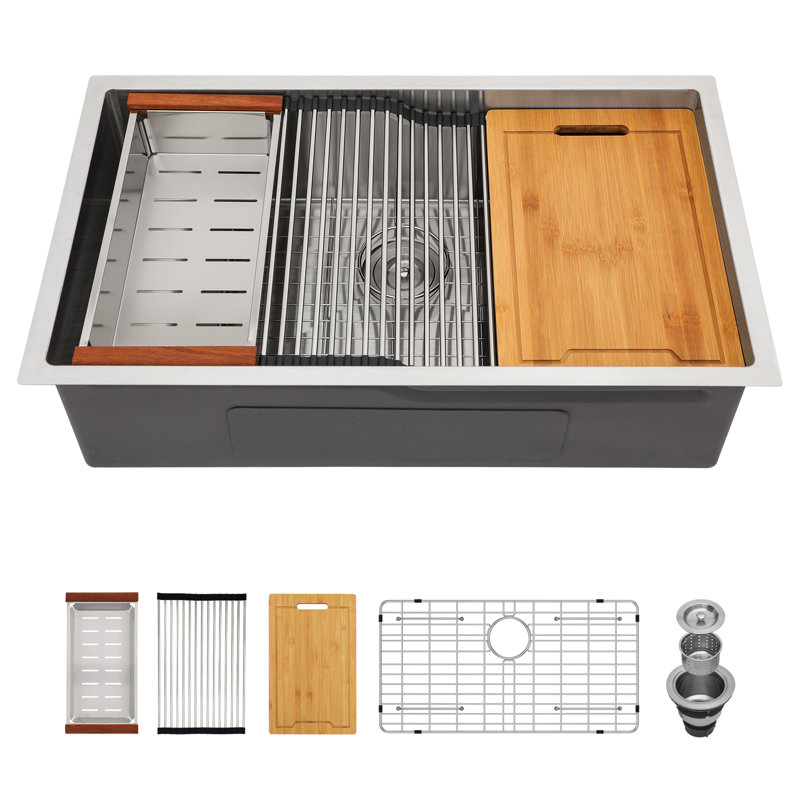 33" L x 19" W Undermount Kitchen Sink Single Bowl SUS304 Stainless Steel Sink with Z Shape Ledge Workstation