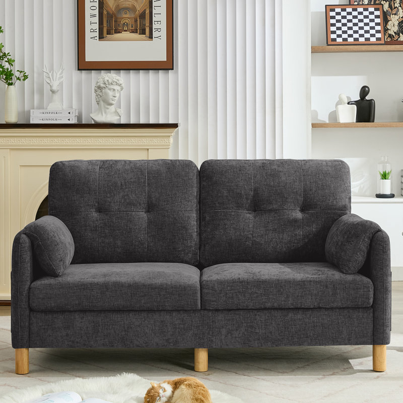 65.4" Chenille Upholstered Loveseat Sofa with Pillow Top Arms, 2 Storage Pockets, Dark Gray