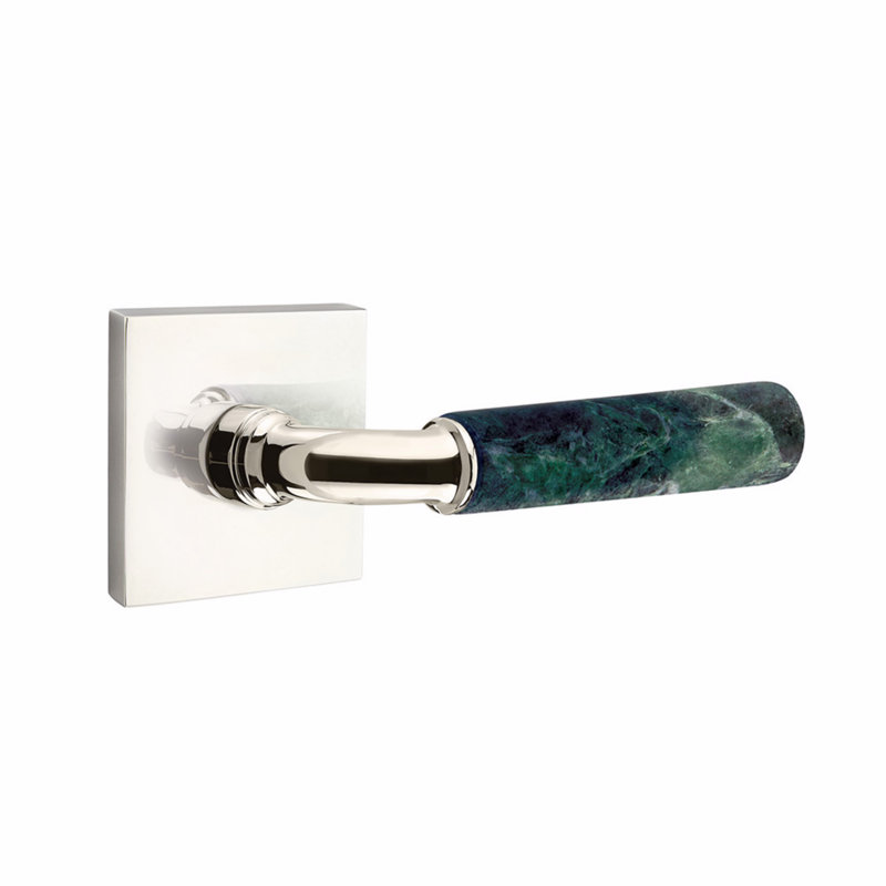 Ensemble de leviers d'intimité Emtek Select, rosette carrée, tige en R, poignée en marbre vert, CF, Nickel poli