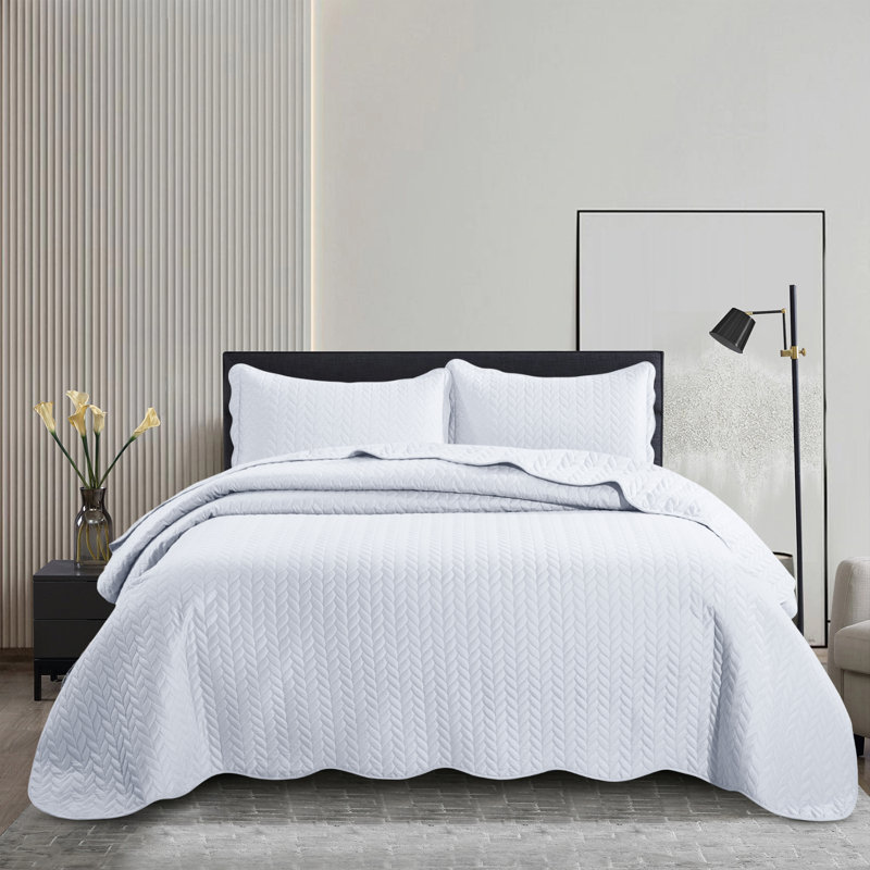 Ensemble de couvre-lit en microfibre embossée - Ensemble de literie moderne et léger avec taies décoratives, Blanc
