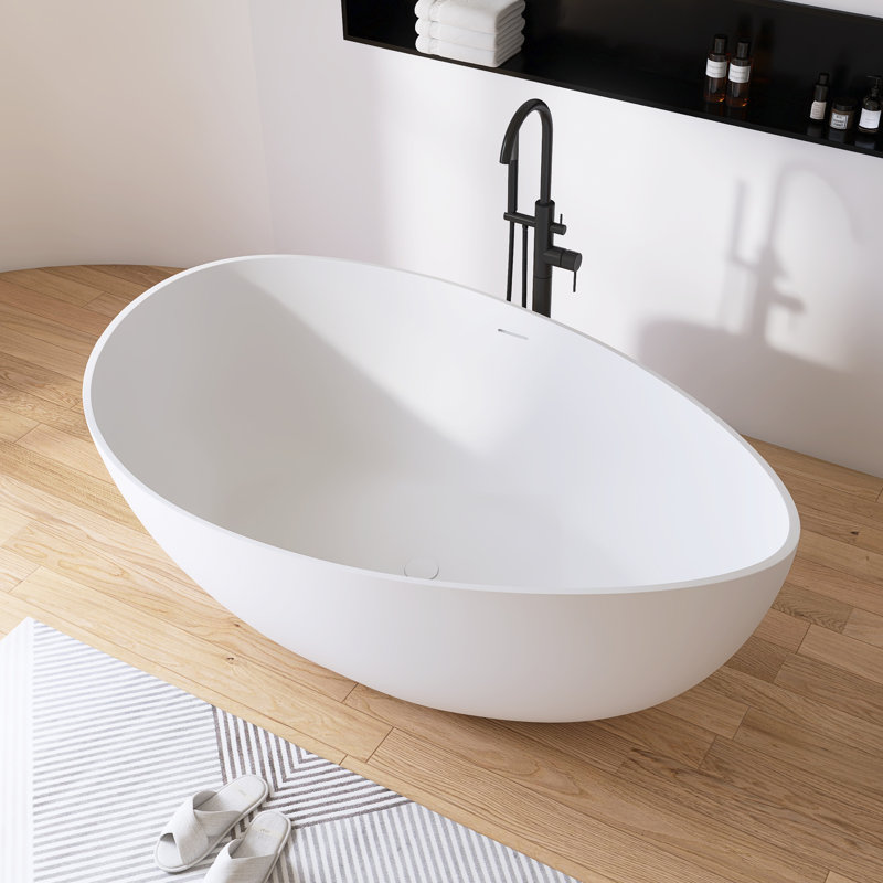  63'' x 39" Freestanding Soaking Solid Surface Bathtub Bathroom tub, Matte White