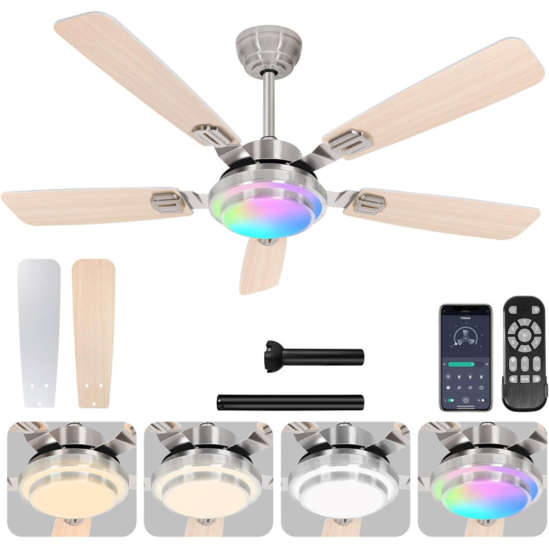 52" Ceiling Fan With Light, Remote & APP Control, Low Profile RGB Ceiling Fans Light, Reversible, 6 Speeds, 3000-6500K Stepless Dimming, Modern Ceiling Fan For Bedroom Indoor/Outdoor Use Wood