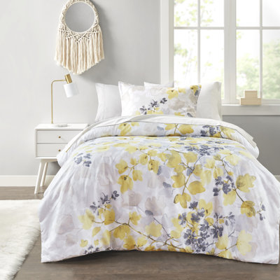Édredon pour lit simple et drap - imprimé à feuilles jaunes en microfibre douce décor gris