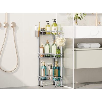 Standing Shower Caddy Corner, 3 Tier Corner Shower Organizer with Toothbrush Holder and 12 Hooks, Large Capacity Rustproof Bathroom Shelves for Tall Bottles, (Silver)