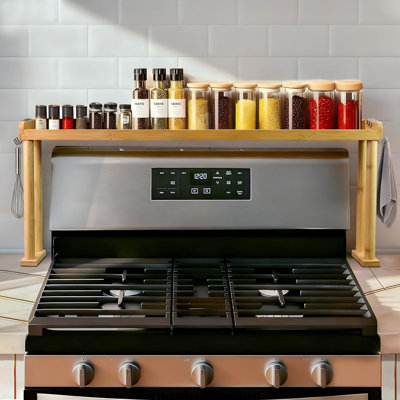 Over The Stove Top Shelf for Kitchen, Bamboo Spice Rack Organizer | 33.5” Stove Shelf for Back of Stove with Protective Lips & 6 Hooks