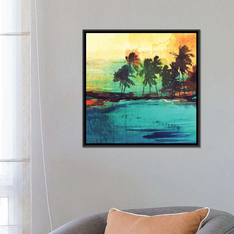 « palm island vi », impression sur toile tendue, H 26 po x l 26 po x P 1,5 po, Toile avec cadre noir, Pas de tapis