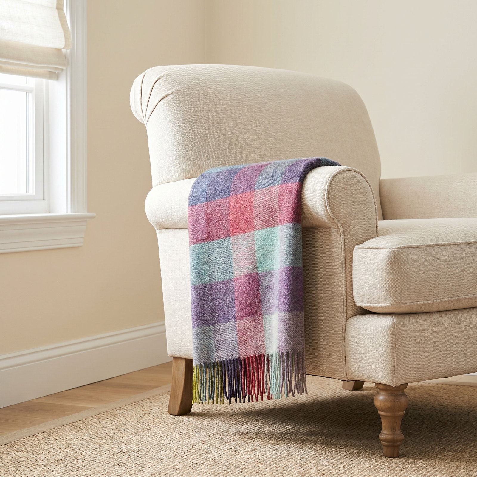 Shetland Wool Throw/Blankets Hand Woven Blanket, Blue/Green/Gray/Purple Geometric