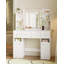 Dressing Table with Mirror, Vanity Table with Adjustable Brightness, Power Strip, 4 Drawers and 2 Open Cabinets, 5 Jewelry Hooks, Open Compartments