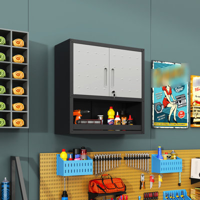 Metal Storage With Door. For Garage, Warehouse, Office. Rust And Corrosion Build Garage Warehouse Office Wall Cabinet. With Locking Door Open Drawer. , Modern Appearance