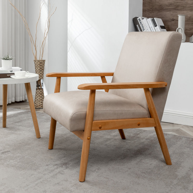 Fauteuil de style Mid-Century moderne de 25,38 po de largeur, chameau clair recouvert d'accoudoirs en bois massif, coussins en mousse confortables