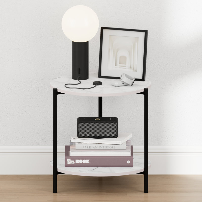 Furinno BESI Night Stand, 2-Tier Wide Round Nightstand with Metal Legs, Metal Frame End Table, Bedside Table, Side Table with Open Shelf, for Living Room, Bedroom, Marble White