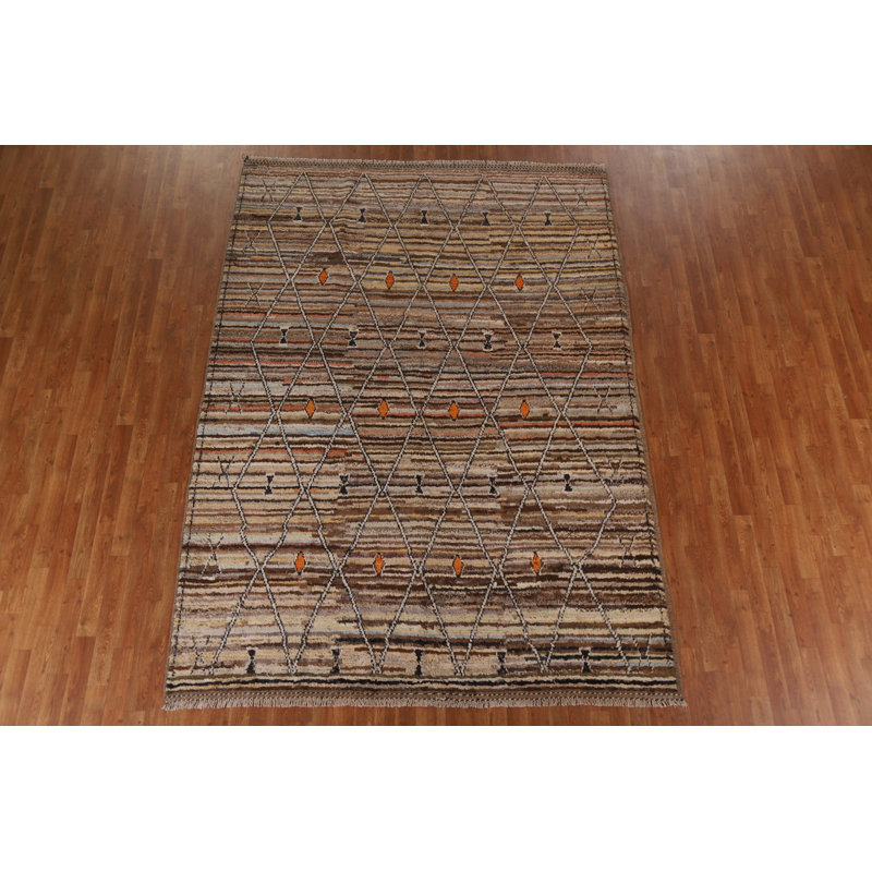 Tapis brun en laine noué à la main de conception unique 7 pi 1 po x 9 pi 10 po New Age