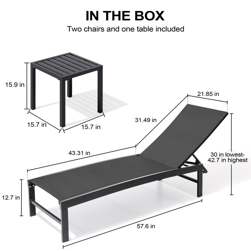 Chaise longue de patio inclinable en métal avec table carrée (ensemble de 3), Noir