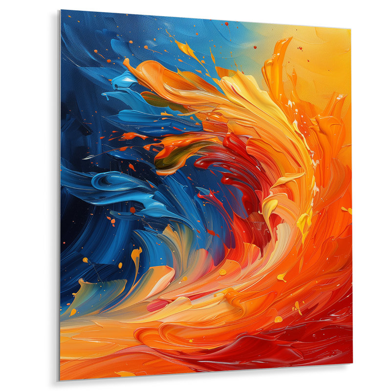 «Orange Blue Wonderful Abstract Waves I», impression d'art mural vagues côtières, Métal métal, H 32 po x l 16 po x P 1 po