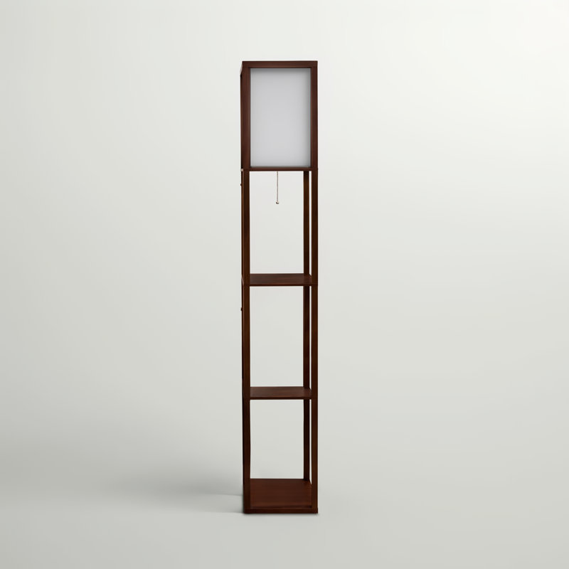 Maxwell 63" Modern LED Shelf Floor Lamp with Havana Brown Finish, 3 Tiers, and Fabric Square Shade, Bulb Included, White