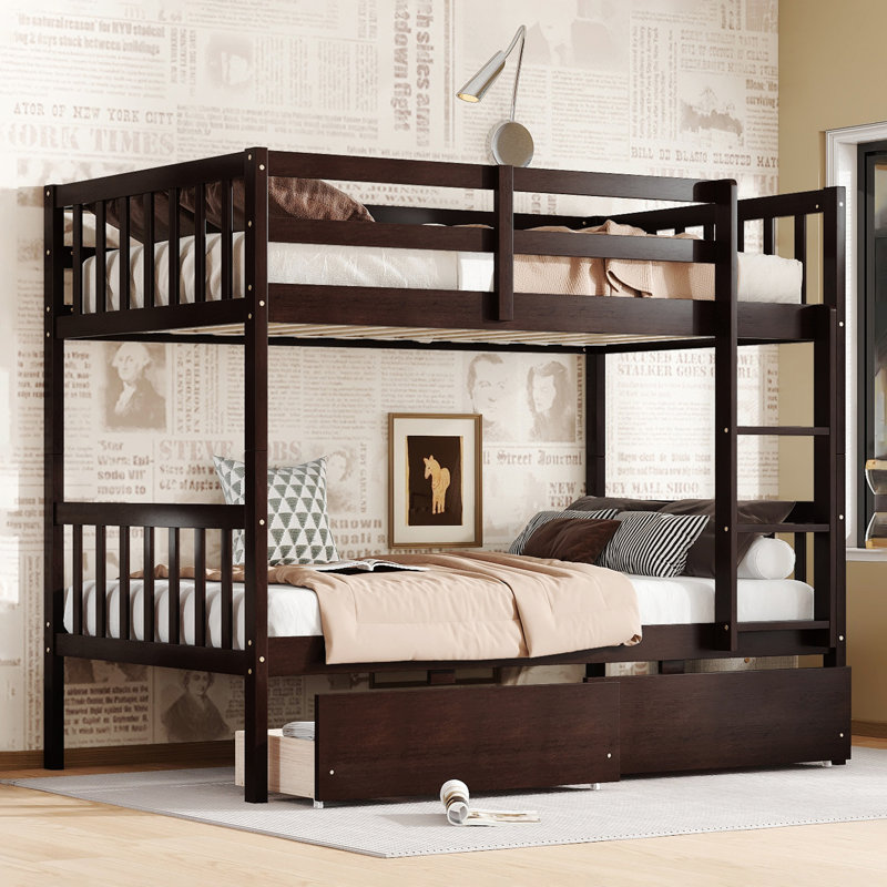Lit superposé simple au-dessus de simple en bois massif avec tiroirs, Espresso