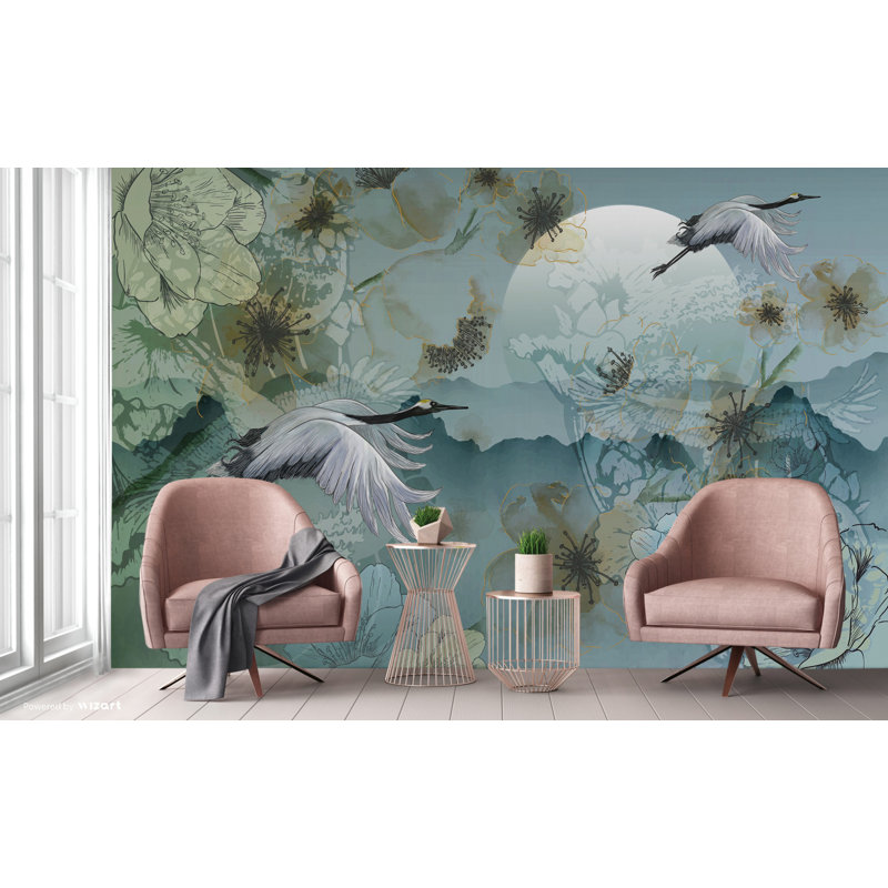 Papier peint Serene Cranes And Blossoms, Bleu, L 110,04 po x l 163 po