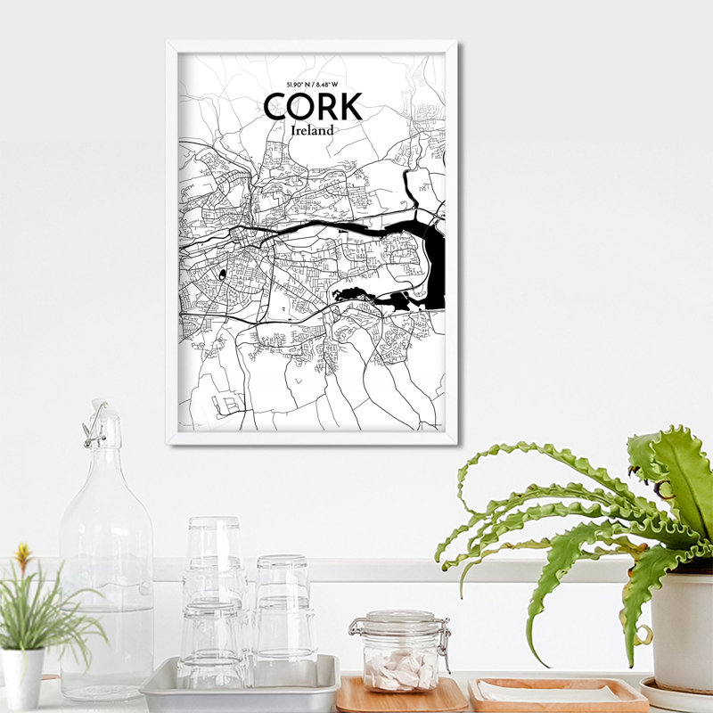 Cork City Map, impression, H 27,6 po x l 19,7 po, Noir et blanc