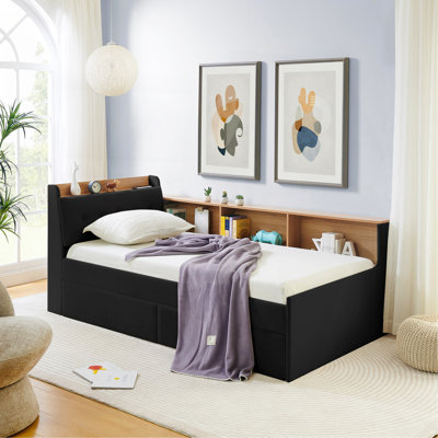 Lit de jour simple en tissu d'ameublement en velours avec tête de lit avec rangement et chargement sans fil, lit de jour multifonctionnel avec deux tiroirs de rangement et lumières DEL, noir