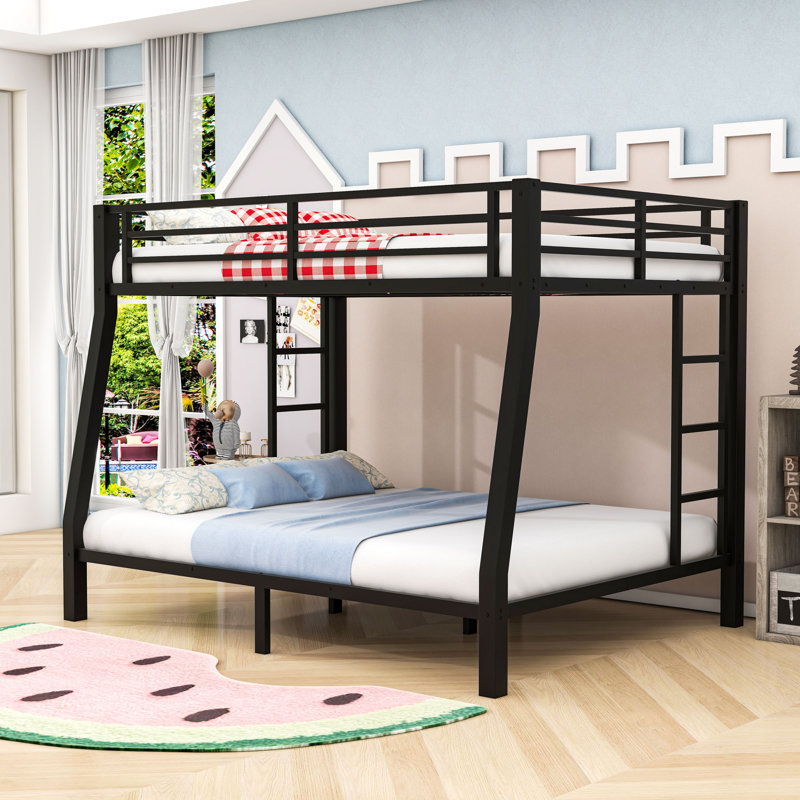 Metal Full XL Over Queen Bunk Bed With Ladder And Guardrails