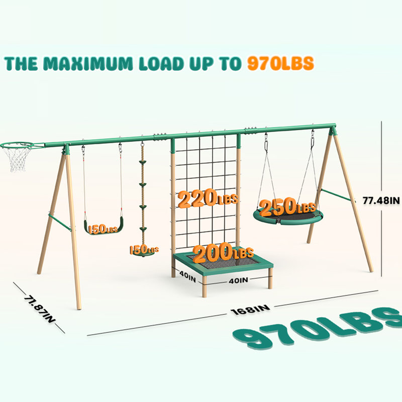 6 In 1 Multifunction Kids Swing Set For Backyard, Heavy-Duty A-Frame Metal Stand With 3 Adjustable Swing Climbing, Net, Trampoline, Basketball Hoop