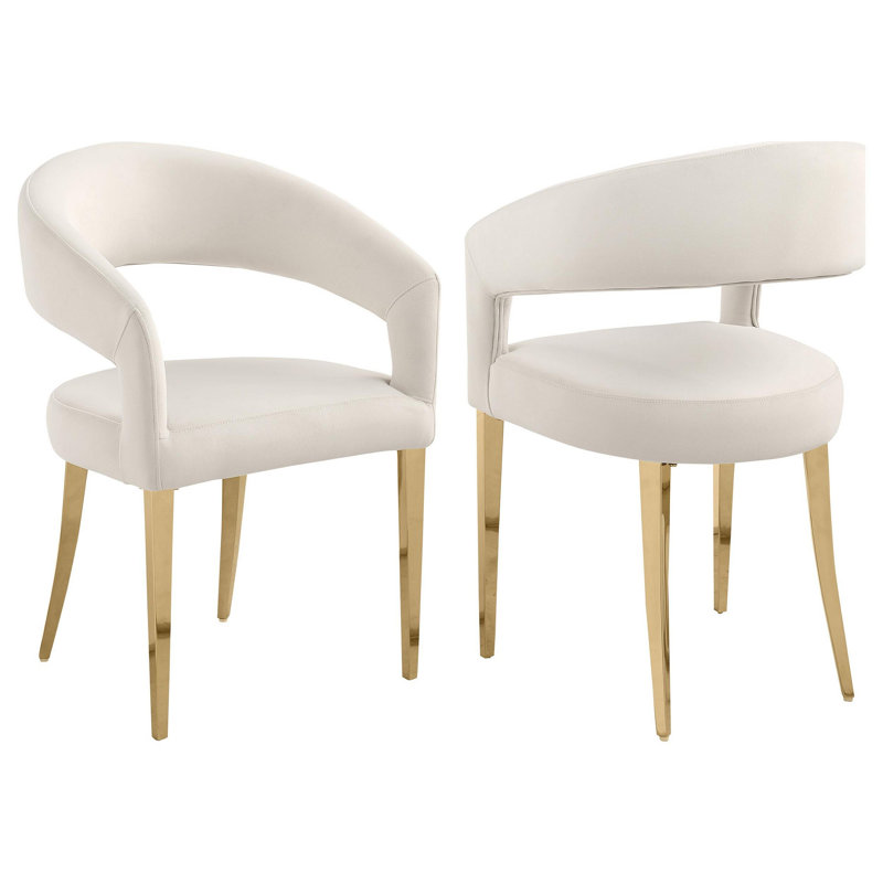 Ensemble de 2 chaises de salle à manger Liano, dossier ouvert incurvé, pieds dorés, tissu, Blanc