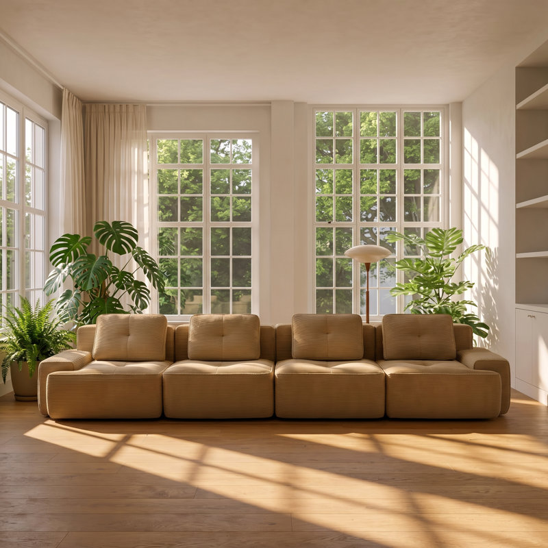 Everett 150.4" W x 40.9" D x 27.1" H 4-Seater Corduroy Tufted Modular Sectional Sofa, Beige Corduroy