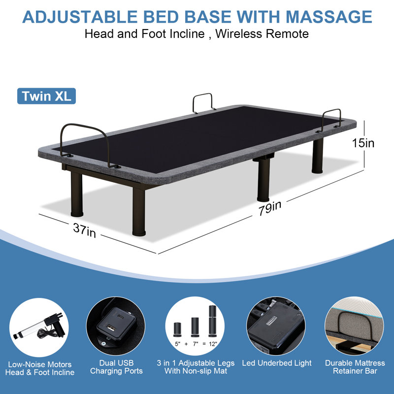 Adjustable Smart Bed Base - Remote Control, Zero Gravity, Massage, USB Ports, Extra-long Twin