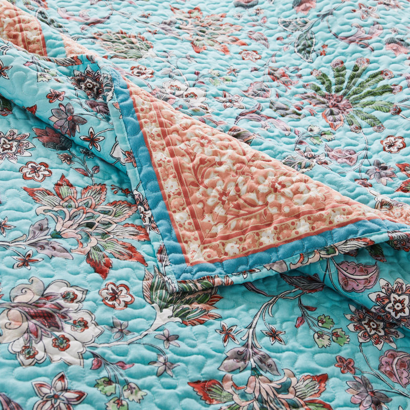 Greenland Home Fashions Audrey Turquoise 3-Piece Bedspread Set 120"x118" King Size Microfiber Jacobean Floral with 2 King Shams