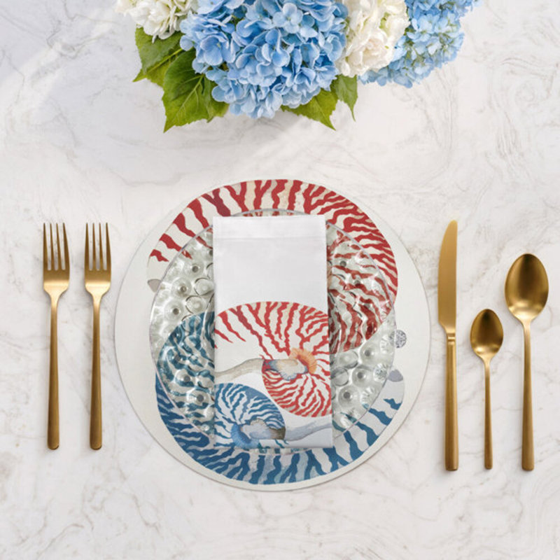 Nautilus Hemstitch 22" Linen/Cotton Napkin, Coral/Turquoise
